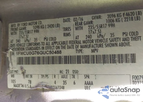 2016 Ford Escape Se z USA, uszkodzony, nr VIN 1FMCU0G76GUC50488